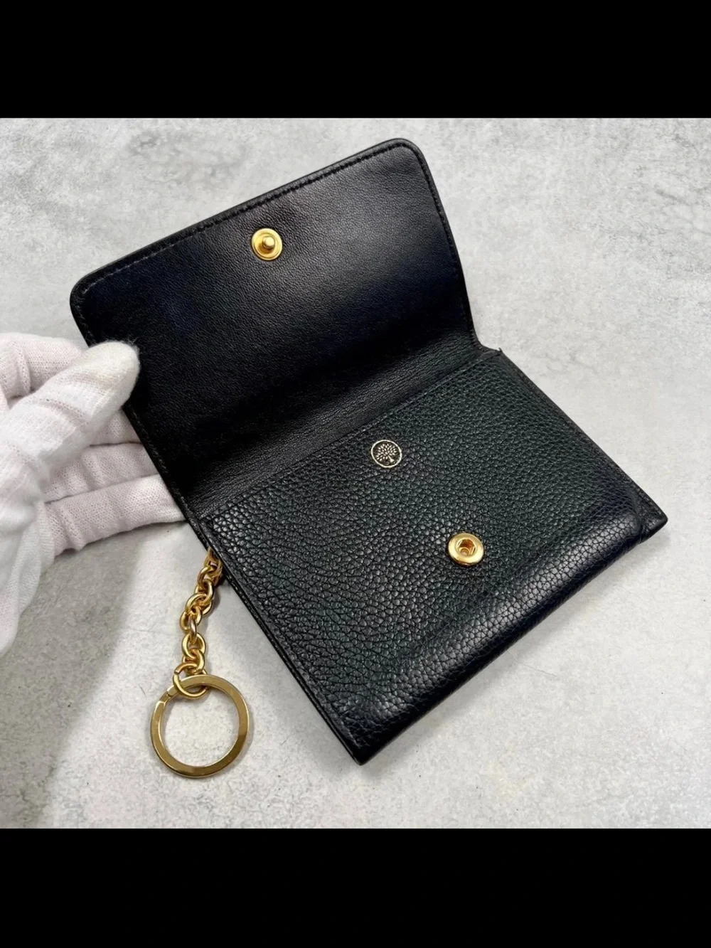 Mulberry Black Pebbled Leather Card Holder with Gold Key Ring
